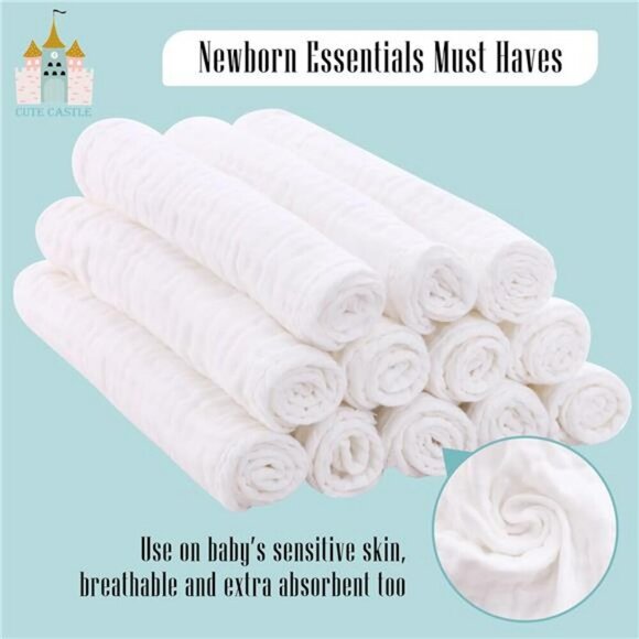Muslin Burp Cloths Baby 12 Pack Soft Cotton Washcloths Spit Up Rags White - Picture 5 of 7